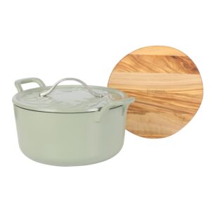 Bloomhouse 7 Qt Cast Iron Dutch Oven W/Embossed Lid, European Enamel, & Olive Wood Trivet - Matte Sage