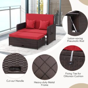 LDAILY Moccha Outdoor Daybed, Wicker Loveseat Sofa Set with 4-Postion Adjustable Backrest, Storage Ottoman, Cushions, Rattan Double Bed Lounger, Patio Furniture Set (Red)