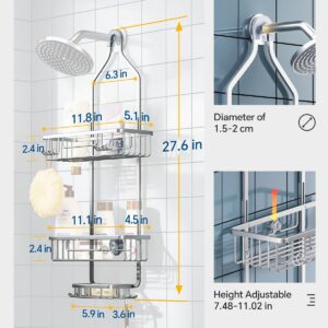 Adjustable Shower Caddy Hanging, EUHOME Never Rust Shower Organizer, Aluminum 3-Tier Large Capacity Shower Caddy Over Showerhead with Hooks, Soap/Razor Holder