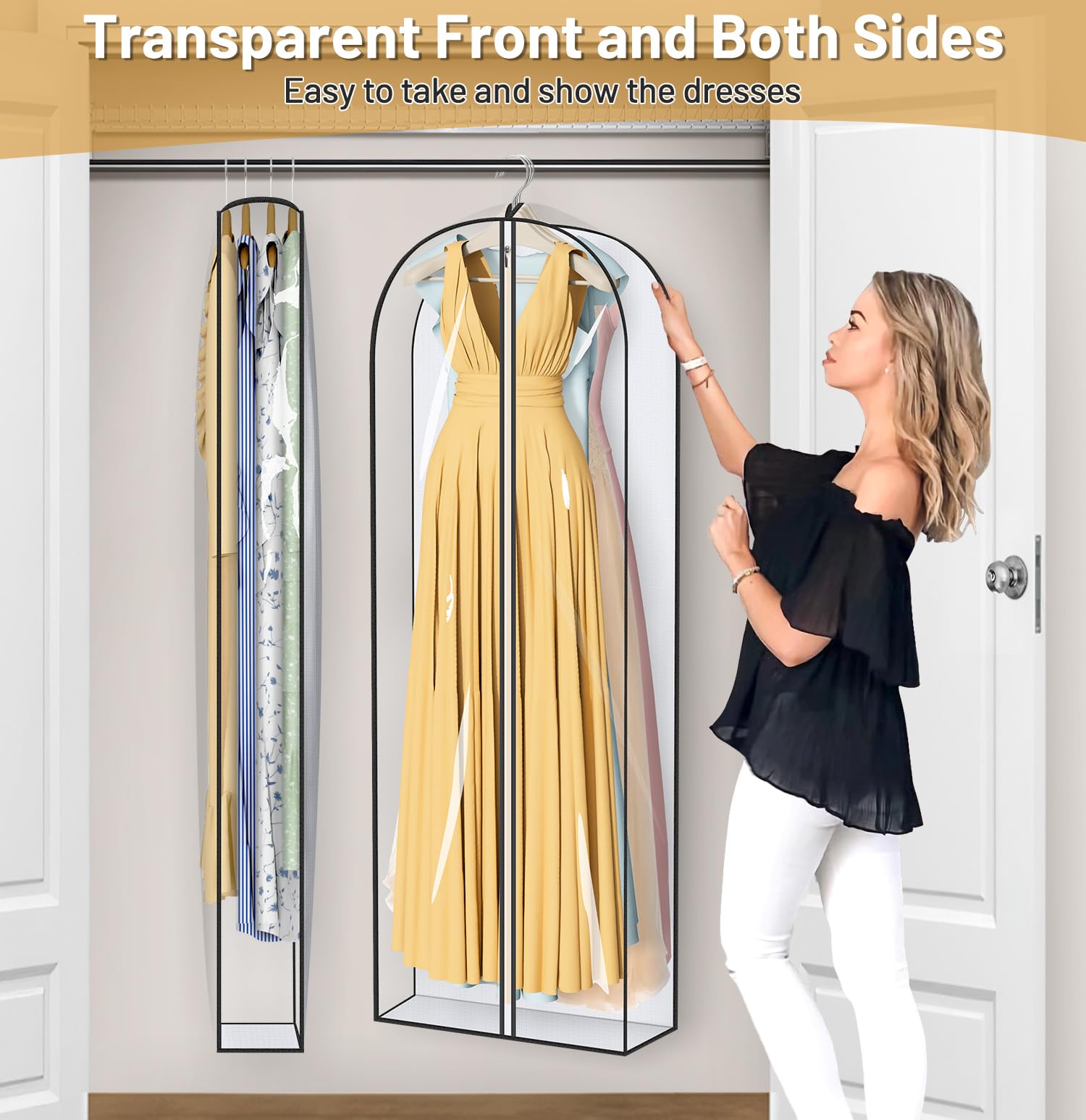 MISSLO 65" Clear Garment Bags for Hanging Clothes 4" Gusseted Dress Bags for Gowns Long Dress Cover for Closet Storage Dress Protector Bag, 2 Packs