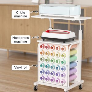 Zefinot Rolling Craft Cart with Vinyl Roll Holder and Adjustable Table Height, Craft Organizers and Storage Table Compatible with Cricut Machine for Craft Room