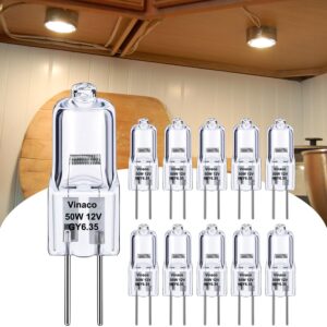 vinaco gy6.35 halogen bulb 12v 50w, 10 pack gy6.35 bulb with gy6.35 bi-pin base, dimmable gy6.35 halogen light bulbs 12 volt 50 watt 2800k warm white, t4 gy6.35 12v 50w for pendant light, table lamp