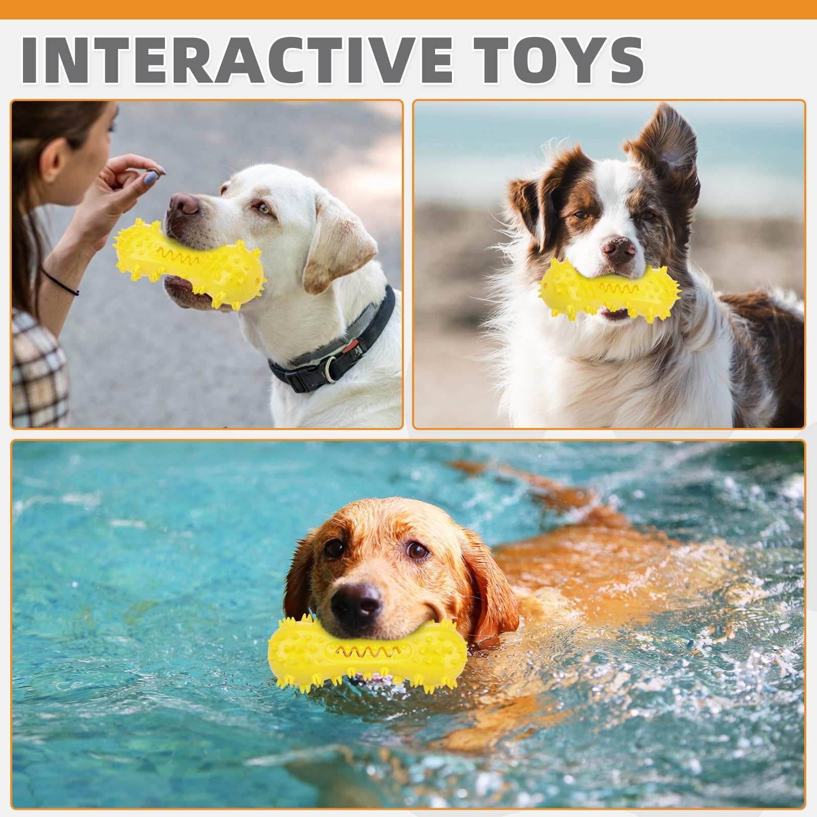 KOOLTAIL Indestructible Dog Toy, Floating Dog Toys for Swimming Pool,Dog Toothbrush Chew Toy, Interactive Training Games Funny Squeaky Dog Toy for Aggressive Chewers Small Medium Large Dogs Yellow