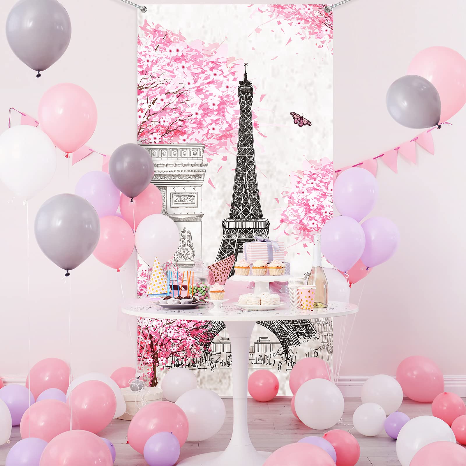 Tatuo Paris Eiffel Tower Backdrop Pink Eiffel Tower Background Banner 70.9 x 35.4 Inch Paris Pink Tree Wall Hanging Decor for Girls Bedroom Living Room Photograph Party Decoration