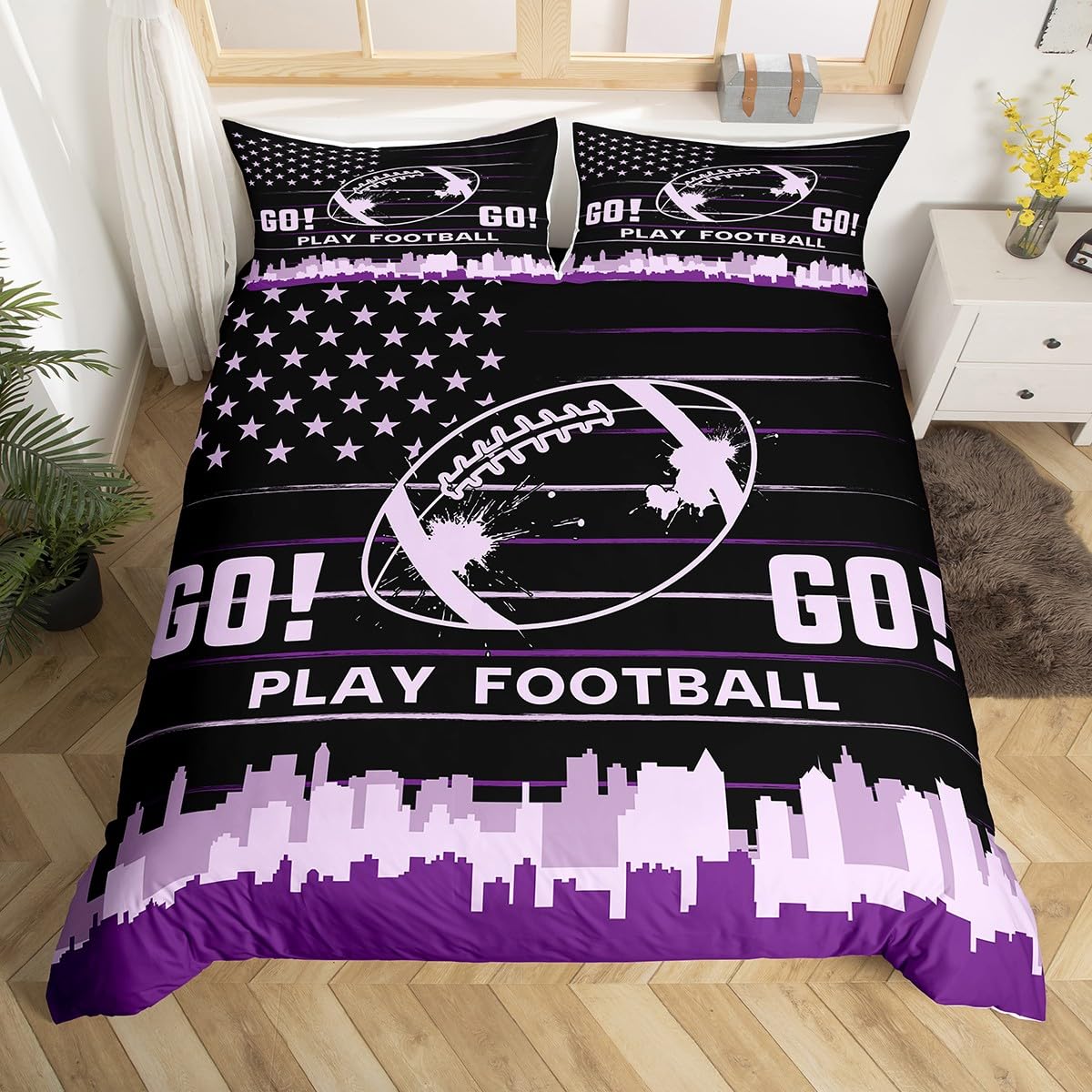 Feelyou Football Bedding Set Full Size American Flag Sports Duvet Cover Set for Kids Boys Girls Teens Toddler Black Purple Comforter Cover Set Rugby Ball Game Bedspread Cover 3Pcs Zipper