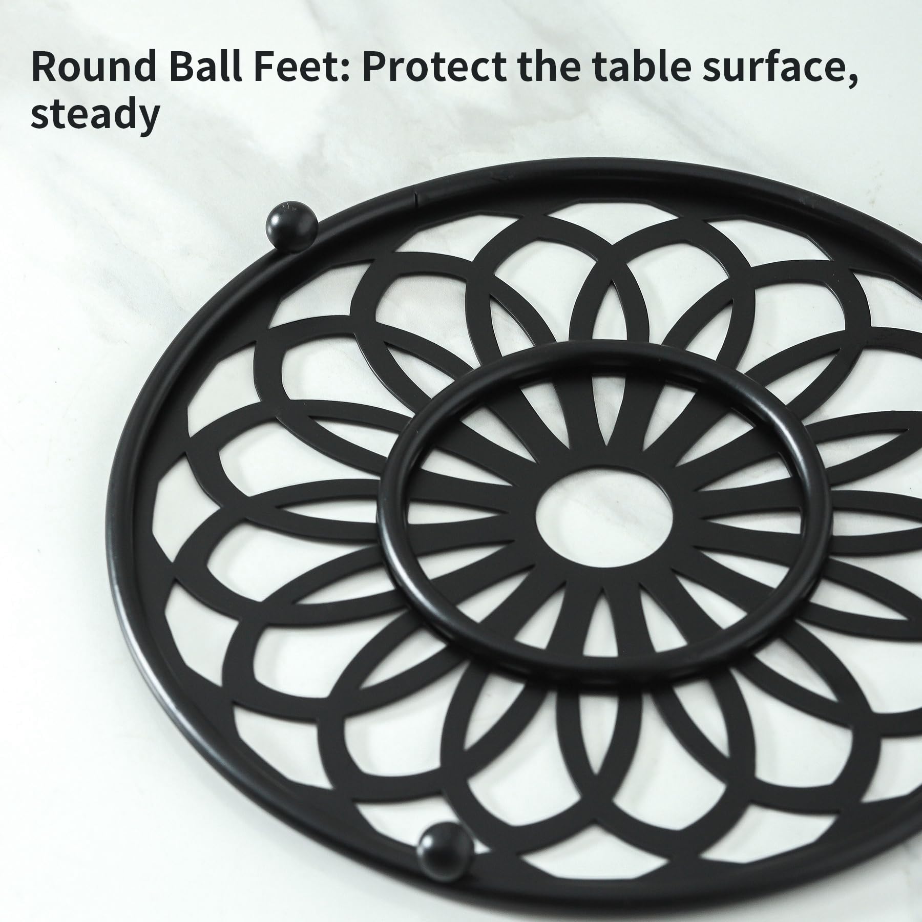 TEAKISS 2 Pack Decorative Round Flower Trivets - 7 Inch Iron Pot Pads, Black Elegant Kitchen and Dining Table Protector, Teapot Stands Holders