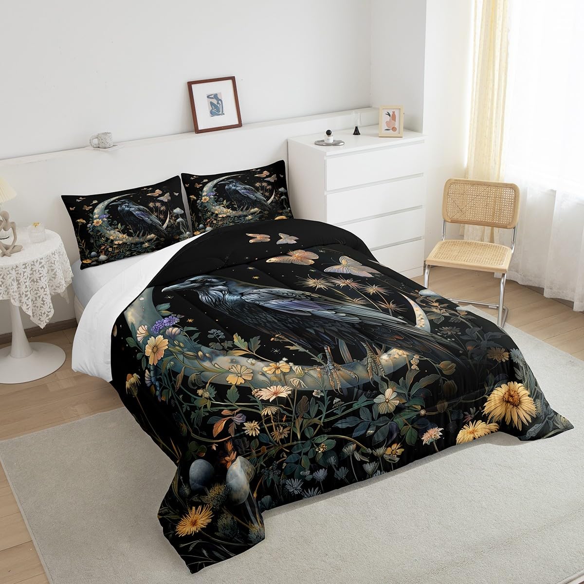 Black Crow Comforter Set King Size,Moon Daisy Flower and Butterfly Bedding Set,Kids Girls Boys Teens Room Decor,Halloween Theme Animals Plants Quilt Set Boho Trippy Duvet Insert,2 Pillowcases