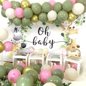 Sage Green Pink Balloon Garland Kit, Olive Green Pastel Pink Metallic Gold Sand White Balloon for Wedding Bridal Shower Girl Birthday Engagement Jungle Woodland Party Safari Baby Shower Decorations