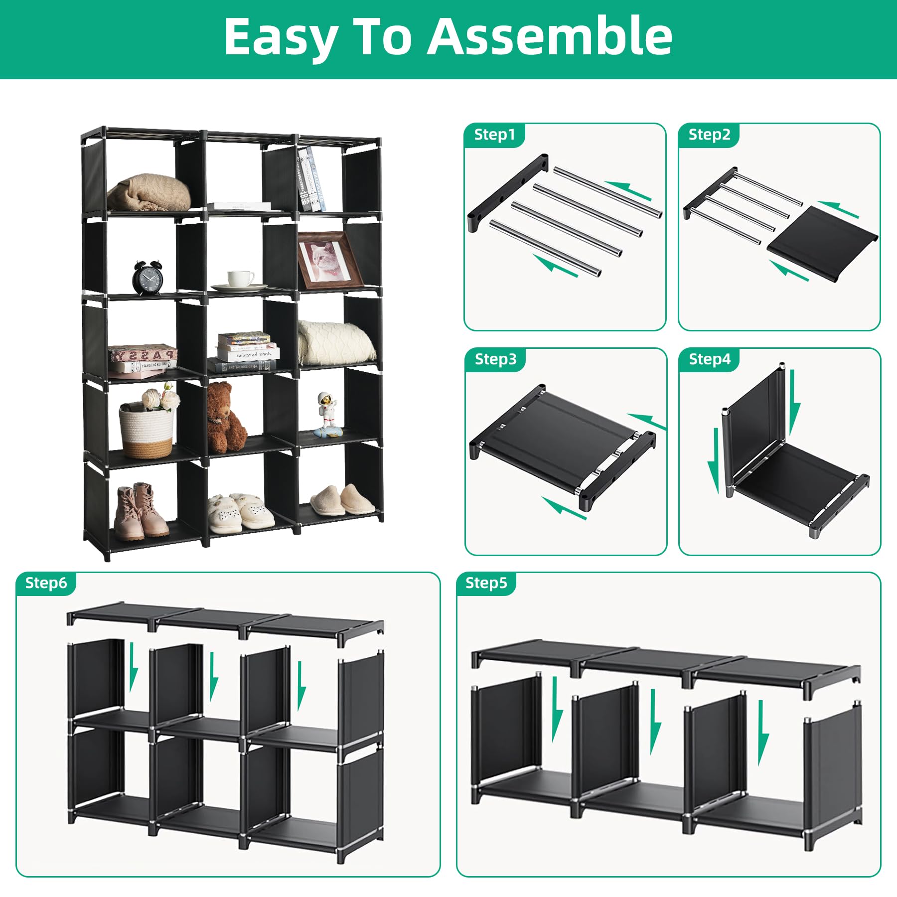 ANTSUN Book Shelf Assembled Storage Rack 6/9/12/15/18/20 Grid DIY Bookcase Vertical Cabinet Bookshelves Large Cube Storage Orangnizer Shelves for Bedroom, Living Room, Home Office (15-Grid Black)