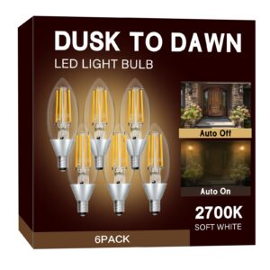 unilamp dusk to dawn light bulbs, outdoor candelabra light bulbs, 5w equivalent 40w, 2700k soft white, 500lm, edison vintage filament e12 base, photocell sensor for sconces porch patio garage, 6 pack