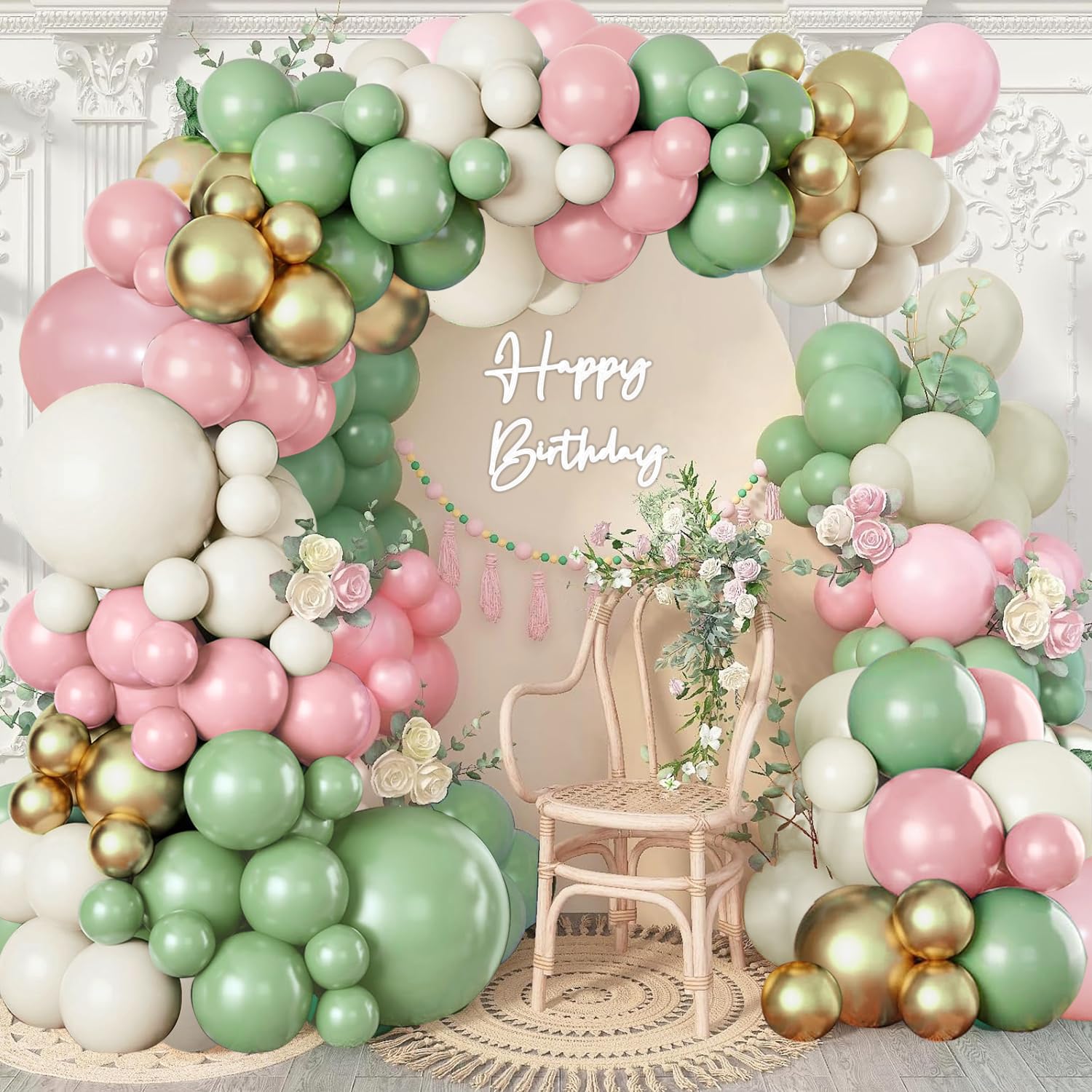 Sage Green Pink Balloon Garland Kit, Olive Green Pastel Pink Metallic Gold Sand White Balloon for Wedding Bridal Shower Girl Birthday Engagement Jungle Woodland Party Safari Baby Shower Decorations