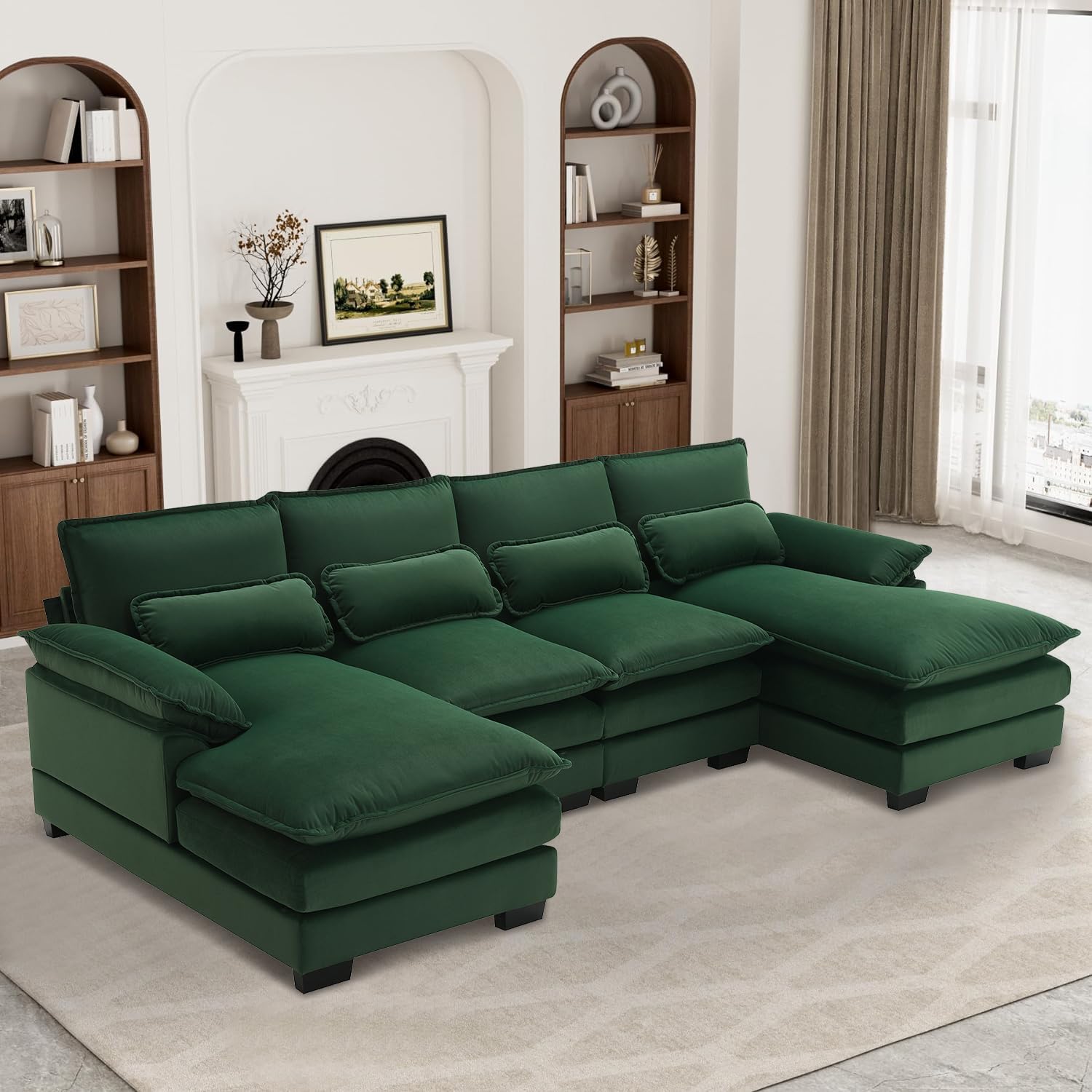 Suheww 109.8" U Shaped Sectional Sofa Cloud Couch, Modern Velvet U Shaped Couch, Large Modular Sleeper Sofa with Double Chaise for Living Room Apartment Guest Room Green