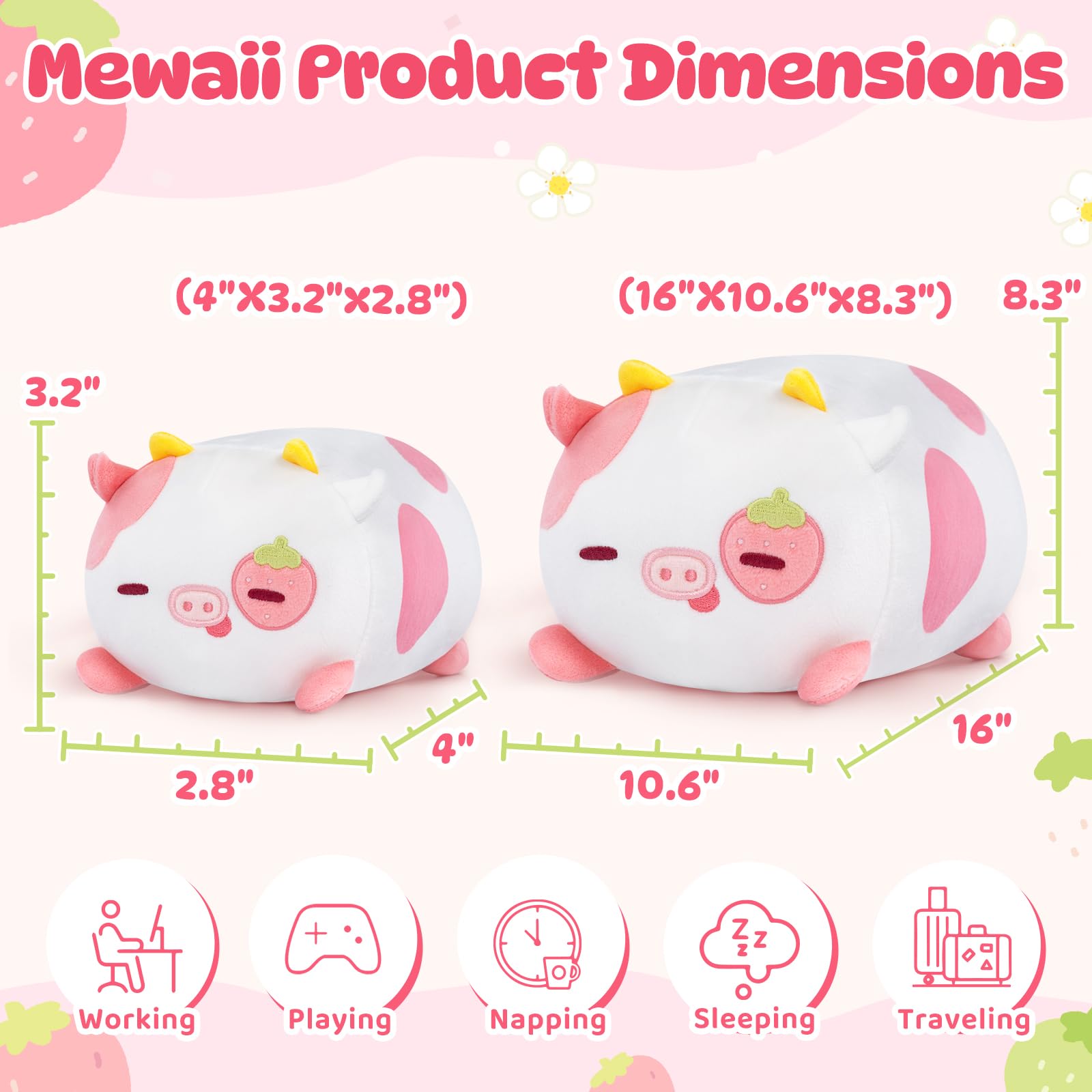 Mewaii Strawberry Cow Plushies Set, Mommy Cow Stuffed Animal with 4 Cute Small Squishy Babies, Soft Pink Cows Cuddle Pillow, Kawaii Plush Toy Gifts for Girls Boys Toddlers Kids