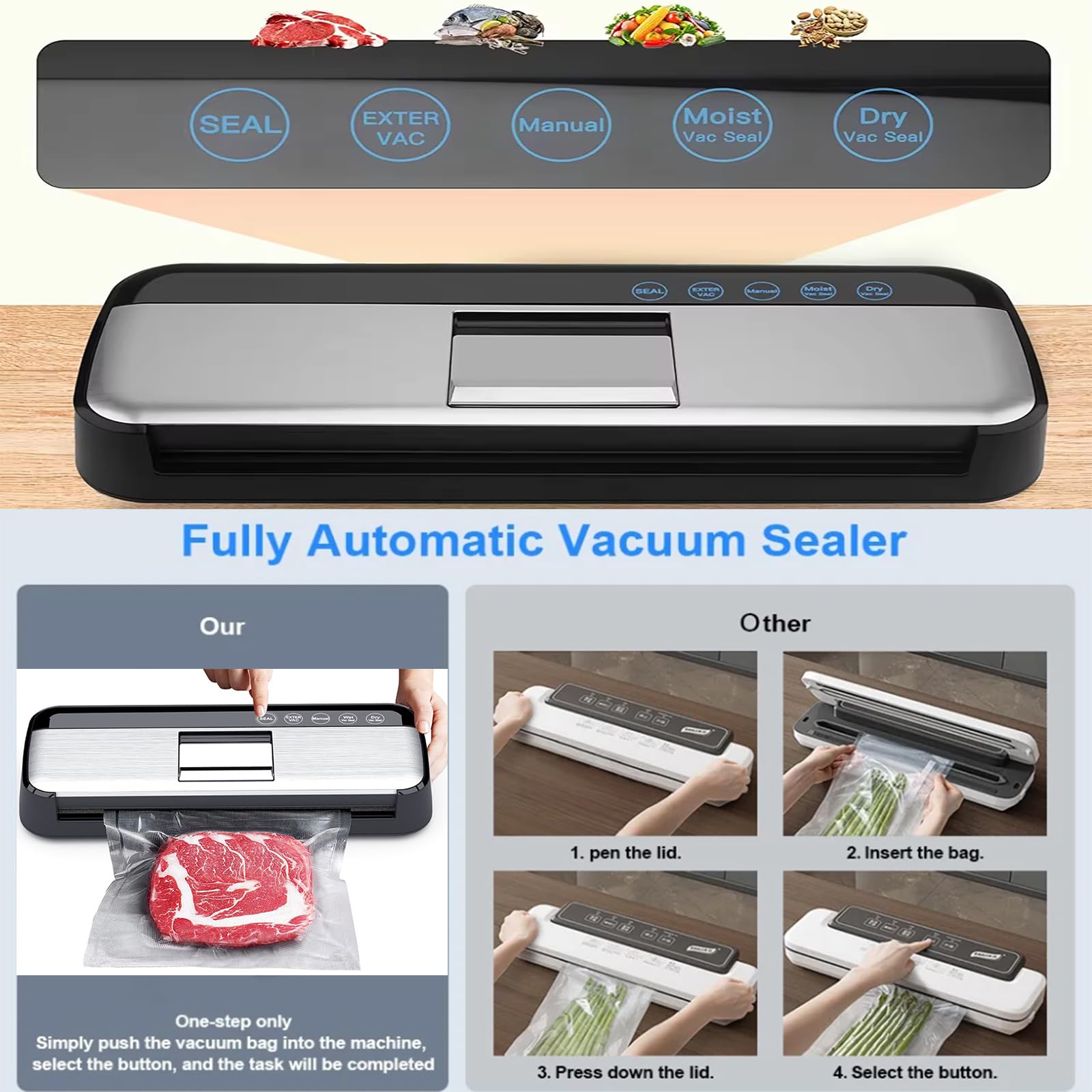 Powerful Vacuum Sealer Machine, One-Touch Automatic Food Sealer with 15 Bags, Dry/Moist/Seal/Manual/External Vac, 7MM Heating wire, Compact Easy-Clean for Food Storage and Sous Vide