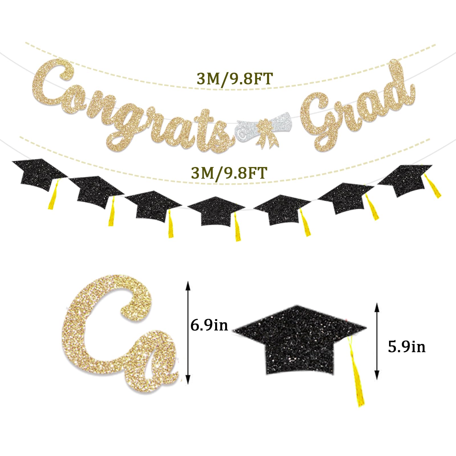 Glitter Gold Congrats Grad Decorations Banner Graduation Decorations Class of 2024 Banner Black Glitter Congrats Grad Graduation with Tassel Party Decor College High School Graduation Party Favors