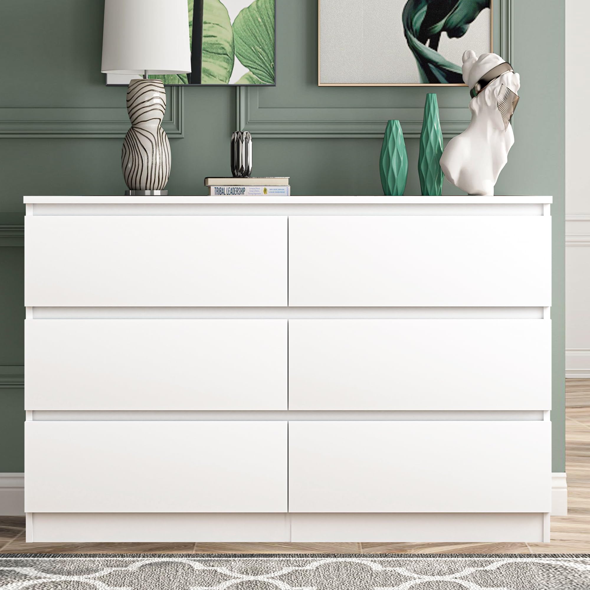 Vibe & Dine White Dresser 6 Drawer, Modern Double Dresser for Bedroom, Wood Chest of Drawers with Wide Storage for Living Room