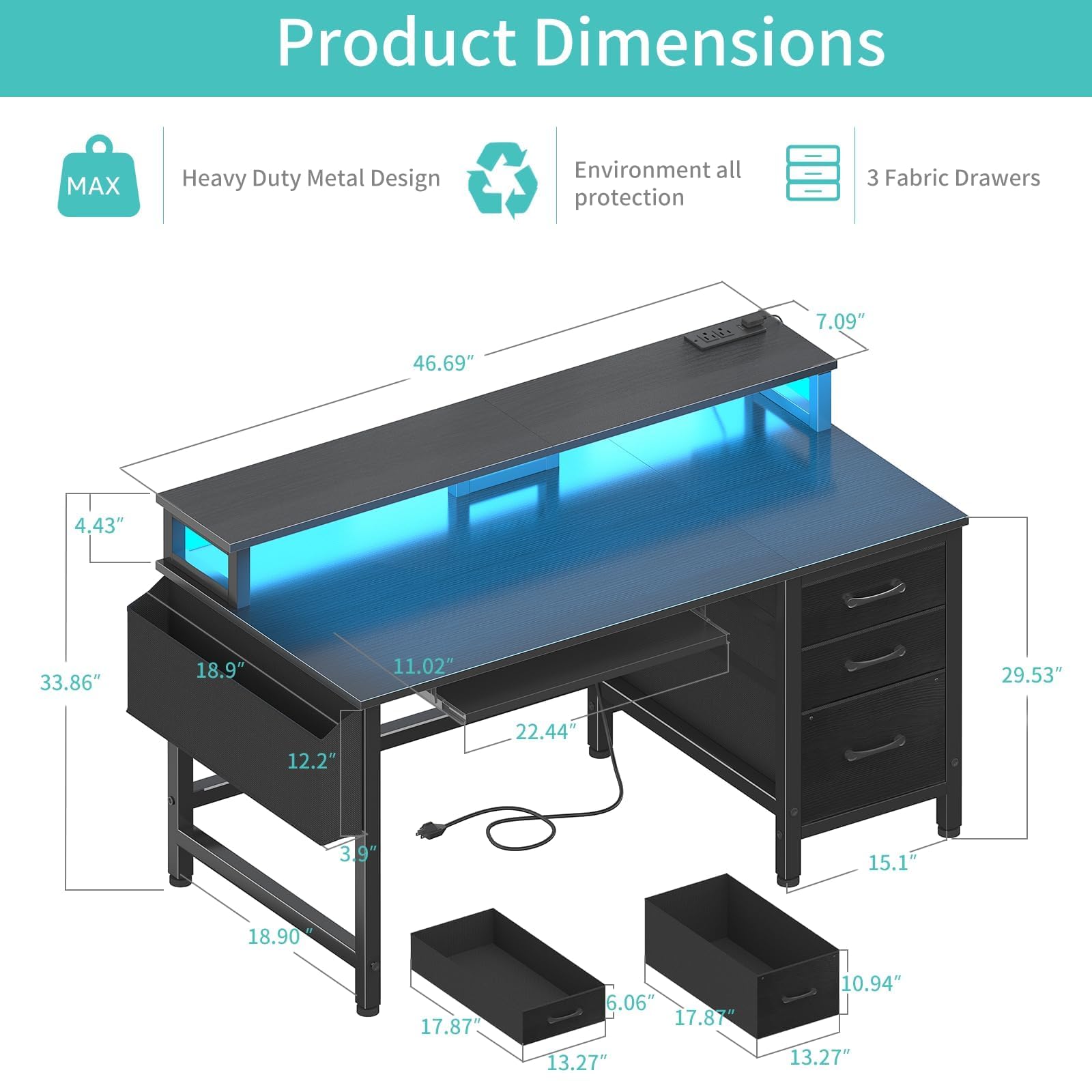 Lufeiya Gaming Desk with LED Lights and Power Outlets, 47 Inch Home Office Desks with Keyboard Tray, Computer Desk with File Drawers Cabinet, Writing Table PC Desks with Monitor Stand, Black