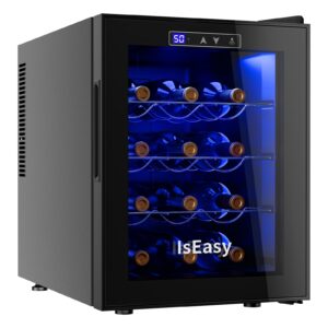 iseasy 12 bottles wine cooler refrigerator 46℉-66℉ temperature mini wine fridge with double-layer tempered glass door wine cellar for red wine, champagne for home, kitchen, or office