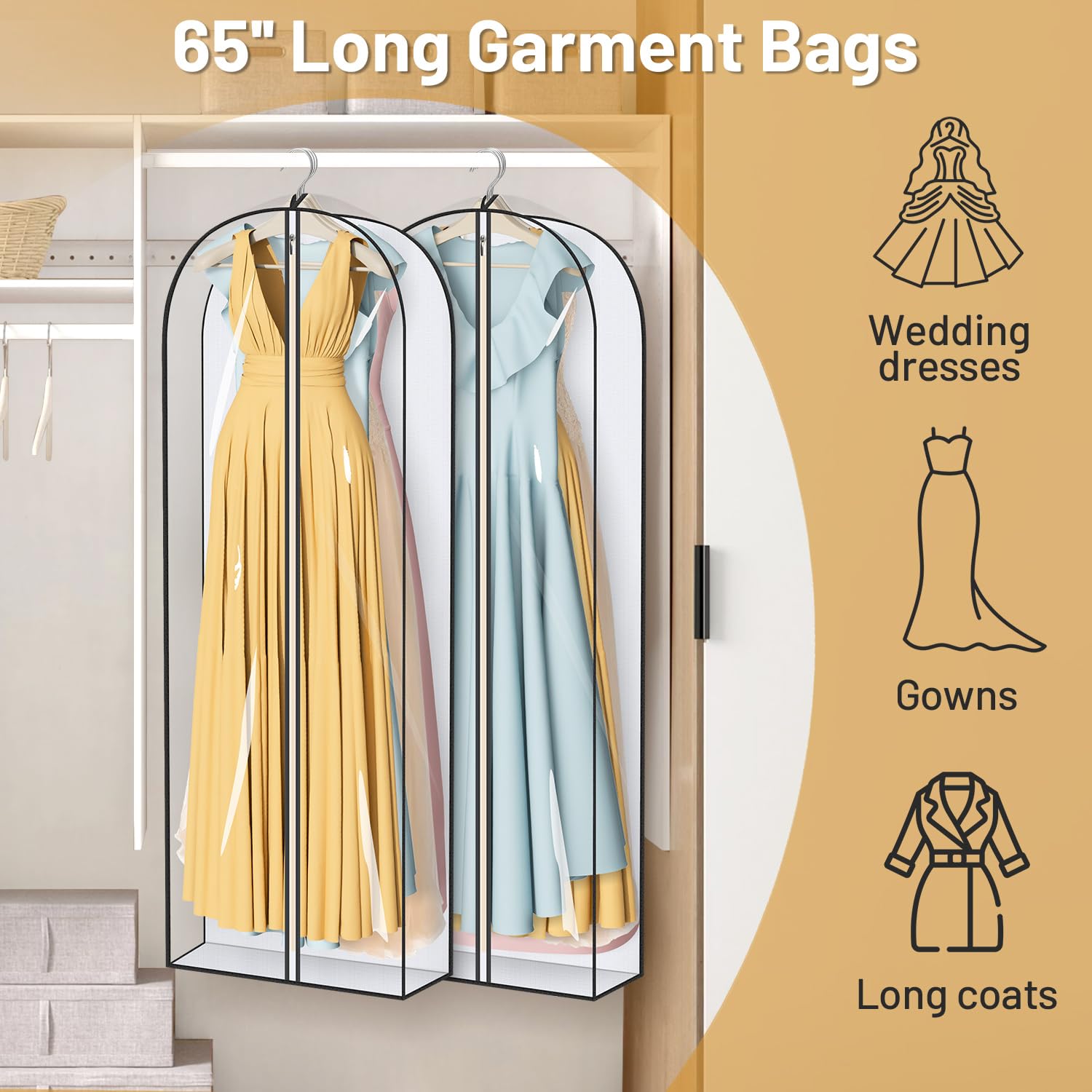 MISSLO 65" Clear Garment Bags for Hanging Clothes 4" Gusseted Dress Bags for Gowns Long Dress Cover for Closet Storage Dress Protector Bag, 2 Packs