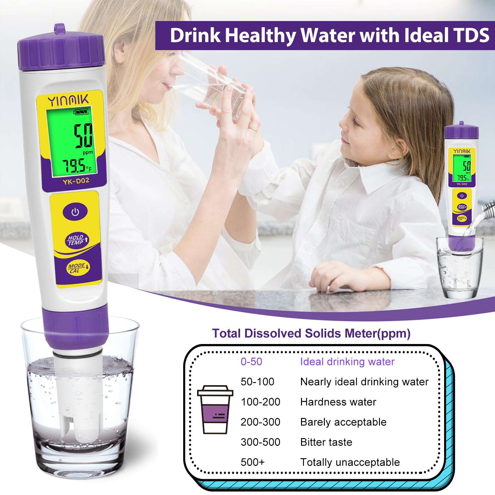 pH TDS Meter for Drinking Water, YINMIK Hydrogen Water ppb Tester, 6 in 1 pH PPM H2 EC ORP Temp Water Quality Meter, Digital pH PPM ORP EC Monitor for Hydroponic, pH Test Kit for Kombucha & Canning