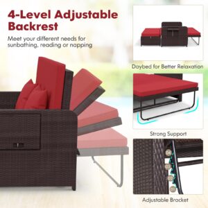 LDAILY Moccha Outdoor Daybed, Wicker Loveseat Sofa Set with 4-Postion Adjustable Backrest, Storage Ottoman, Cushions, Rattan Double Bed Lounger, Patio Furniture Set (Red)