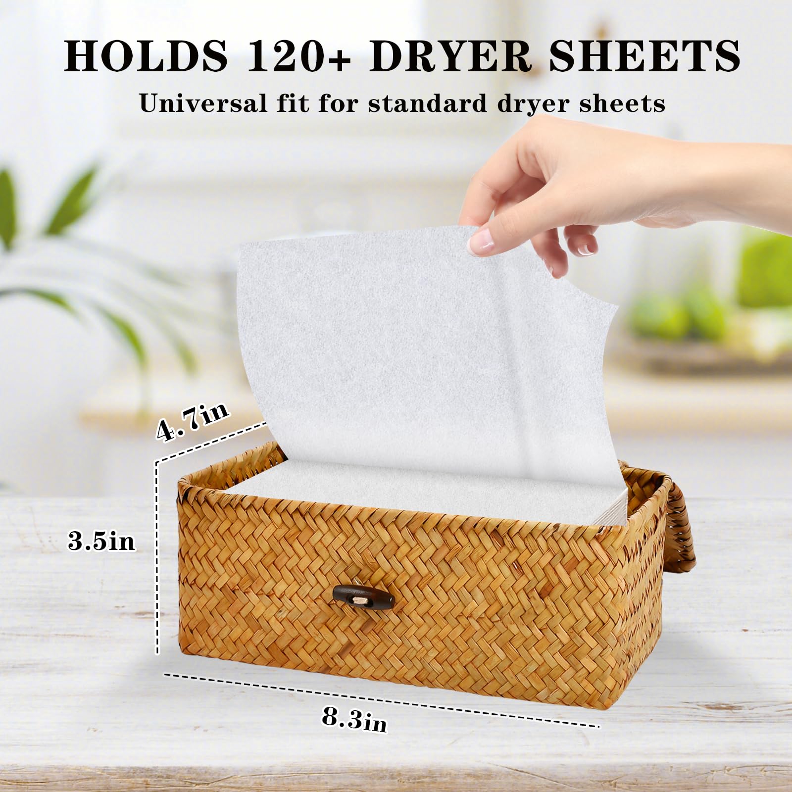 SULICRE Dryer Sheet Holder Seagrass Dryer Sheet Container with Lid Woven Farmhouse Dryer Sheet Box Decor Dryer Balls Dispenser for Laundry Room Organization and Storage