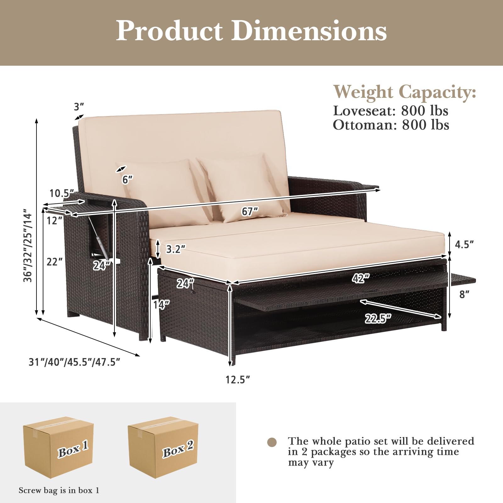 LDAILY Moccha Outdoor Daybed, Wicker Loveseat Sofa Set with 4-Postion Adjustable Backrest, Storage Ottoman, Cushions, Rattan Double Bed Lounger, Patio Furniture Set (Beige)