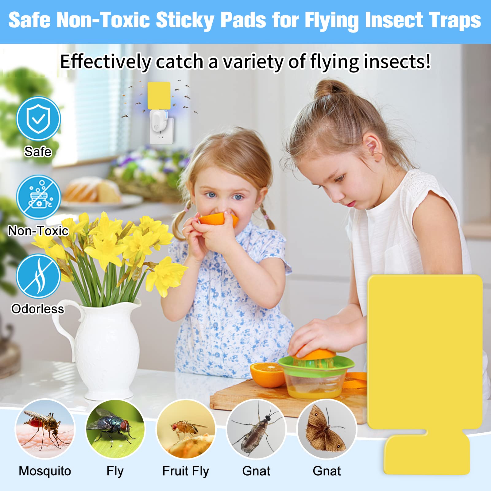 Flying Insect Trap Refill Kit, Indoor Plug-in Fly Trap Refill Yellow Sticky Glue Cards, Strong Adhesion Non-Toxic Easy to Use Sticky Trap Refill Kit for Flies, Gnats, Moths and Other Insects - 24 PCS