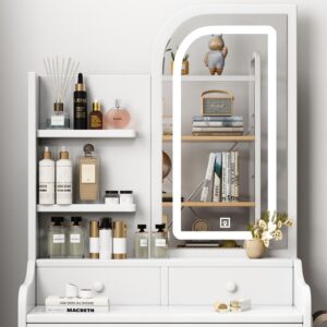 23.6" Small White Vanity Desk with Mirror and Lights, Vanity Set with Charging Station+Ottoman+Large Mirror with Streamlined Design+3 Sliding Drawers+3 Shelves+Adjustable Light, for Apartment Bedroom