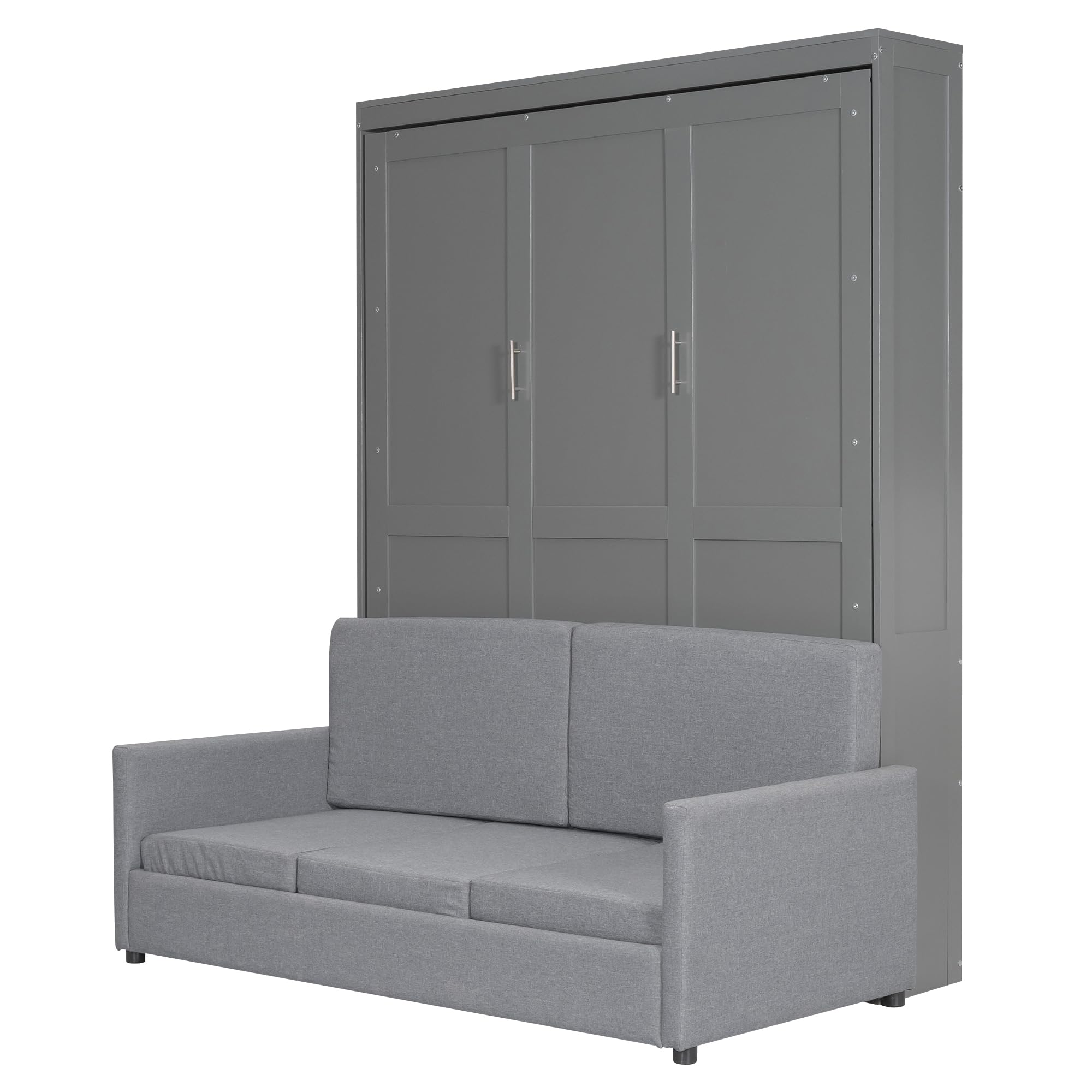 LZ LEISURE ZONE Queen Size Murphy Bed, Wooden Queen Murphy Bed with Cushion, Wall Bed with Sofa for Home Office or Small Room, Gray