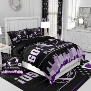 Feelyou Football Bedding Set Full Size American Flag Sports Duvet Cover Set for Kids Boys Girls Teens Toddler Black Purple Comforter Cover Set Rugby Ball Game Bedspread Cover 3Pcs Zipper