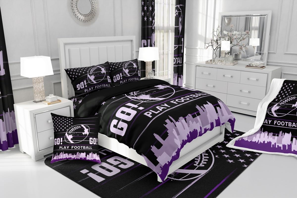 Feelyou Football Bedding Set Full Size American Flag Sports Duvet Cover Set for Kids Boys Girls Teens Toddler Black Purple Comforter Cover Set Rugby Ball Game Bedspread Cover 3Pcs Zipper