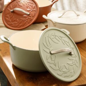 Bloomhouse 7 Qt Cast Iron Dutch Oven W/Embossed Lid, European Enamel, & Olive Wood Trivet - Matte Sage