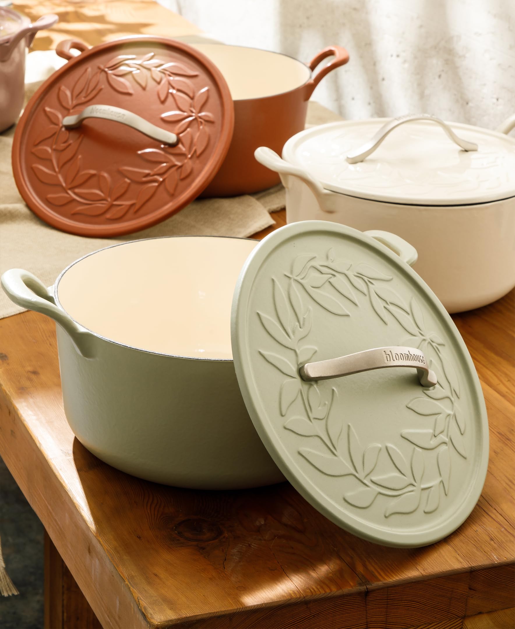 Bloomhouse 7 Qt Cast Iron Dutch Oven W/Embossed Lid, European Enamel, & Olive Wood Trivet - Matte Sage