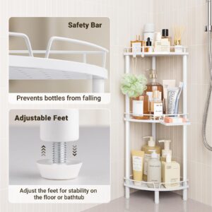 ELYKEN Corner Shower Caddy Standing, 3 Tier Rustproof Metal Shower Organizer with Soap Holder, Floor Shower Corner Shelf Rack Storage Stands with Adjustable Feet & 2 Hooks for Bathroom, White