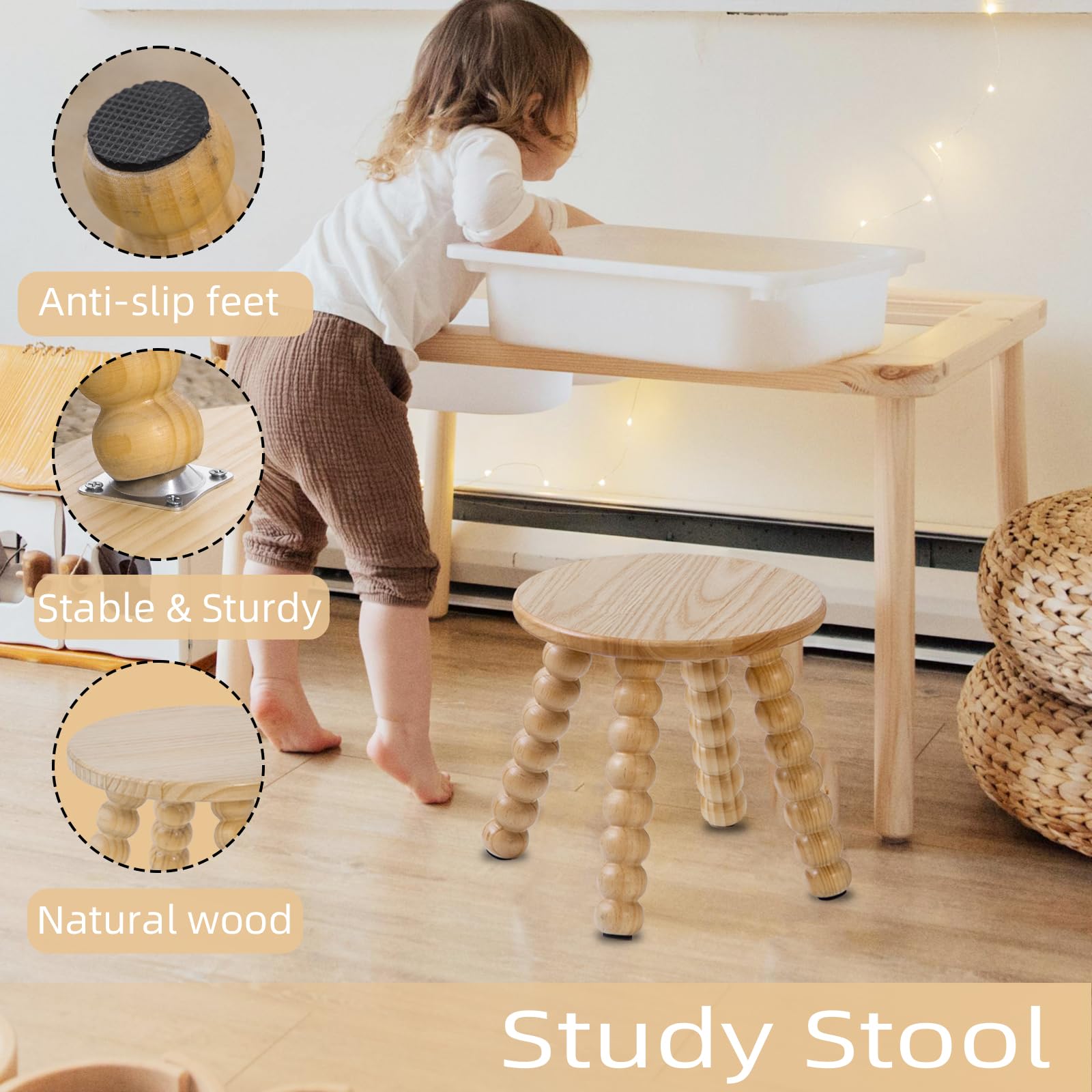 HuiDao Solid Wooden Step Stool for Kids Adults, 10 inch Short Chair Perfect Matched Sensory Table, Sturdy and Versatile Foot Stool for Bathroom, Kitchen, Bedroom, Plant Stand Natural (1, Burlywood)