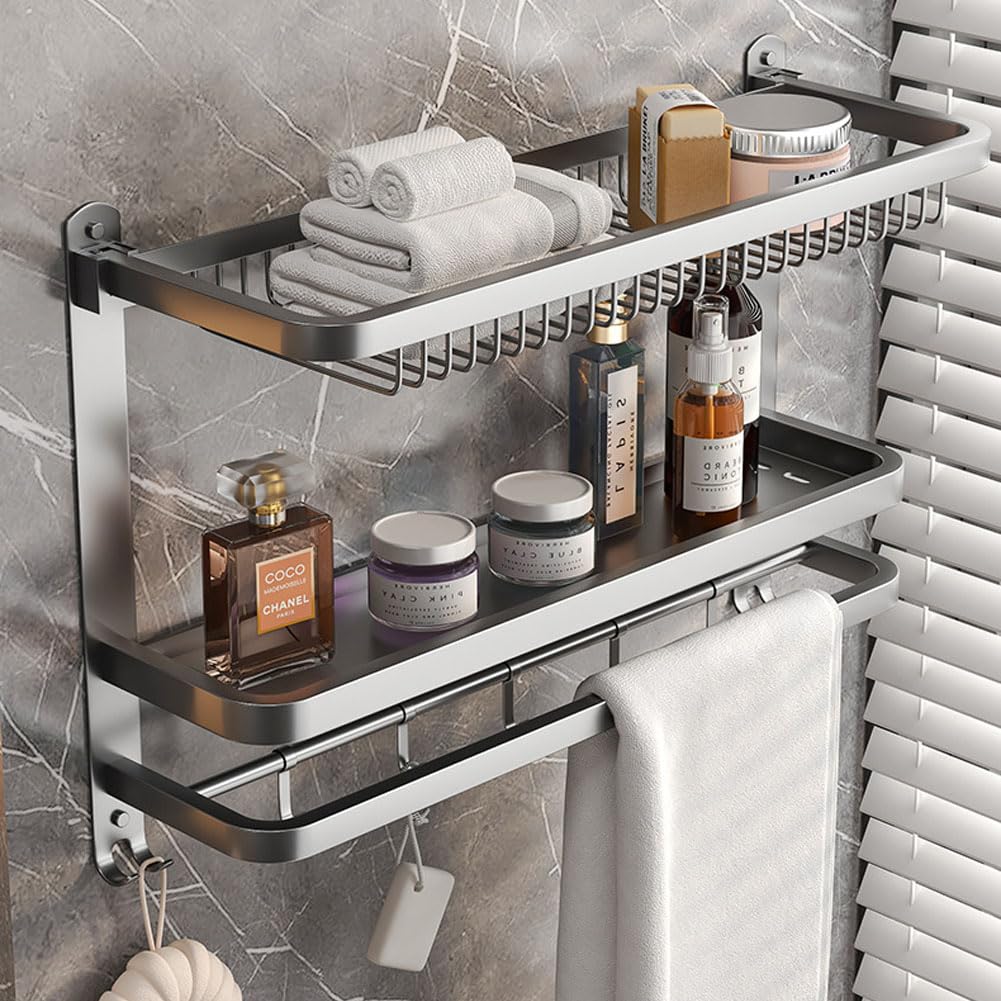 Stainless Steel Towel Rack for Bathroom Towel Storage, 3-Tier Foldable Towel Shelf with Towel Bar Hooks,Wall Mounted(Grey)