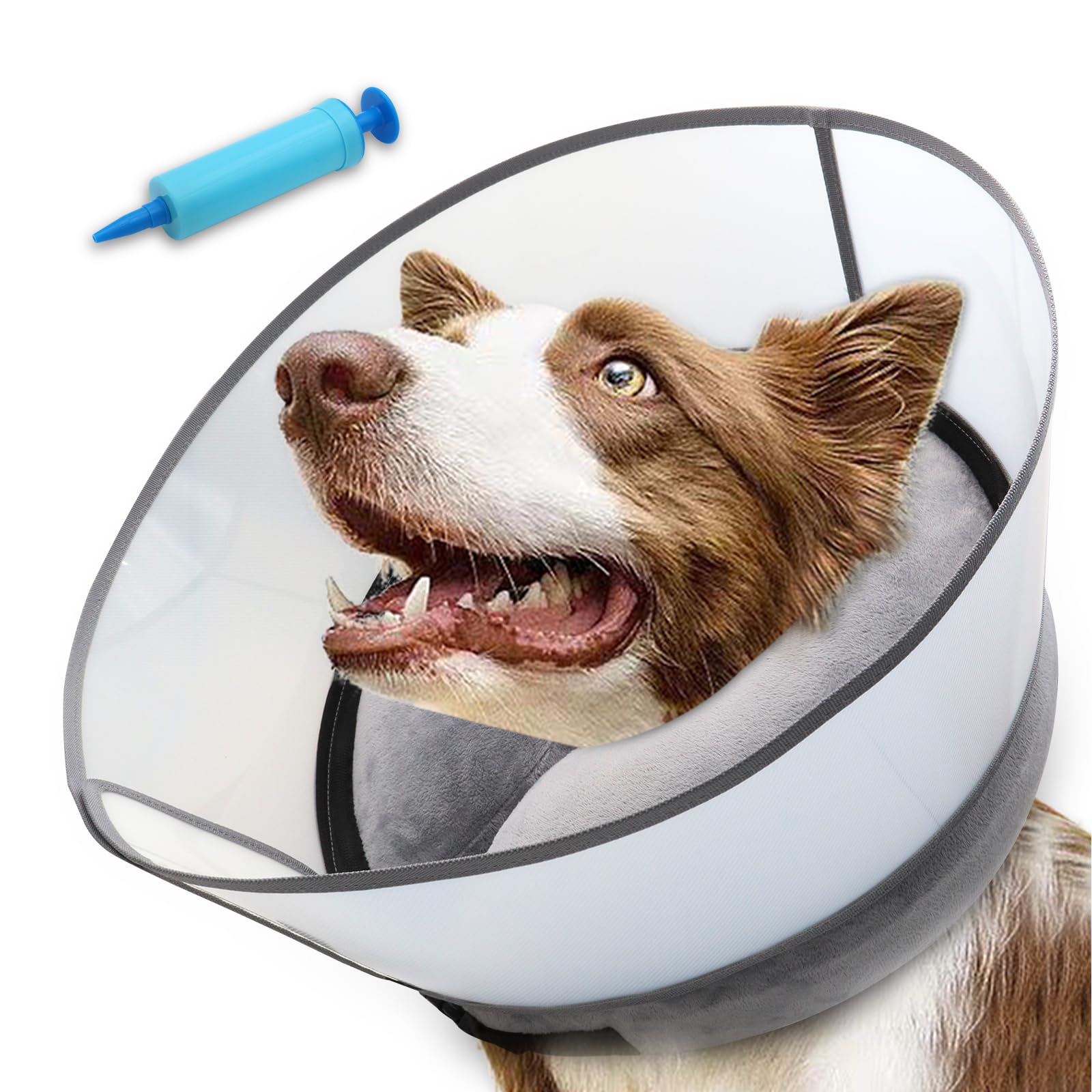 NoarWin Inflatable Dog Cone Collar, Soft Dog Cone for Dogs After Surgery, 2-in-1 Inflatable Dog Cone with Detachable Anti-Licking Shield, Adjustable Dog Cone Collar, Elizabethan Collar (L, Grey)