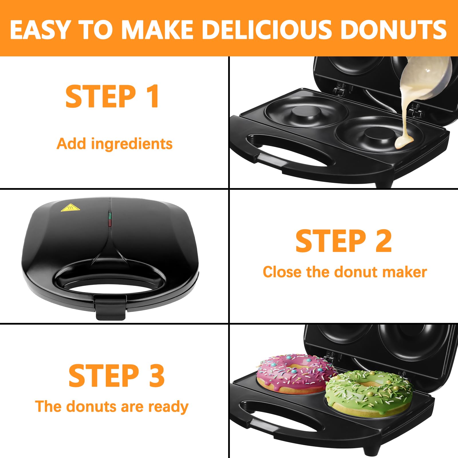 Ht Viik Donut Maker,Doughnut Machine,Bake 2 Donuts,Double-sided heating, Non-stick Surface, Perfect for Breakfast,for Commercial or Family Use,Easy to Clean