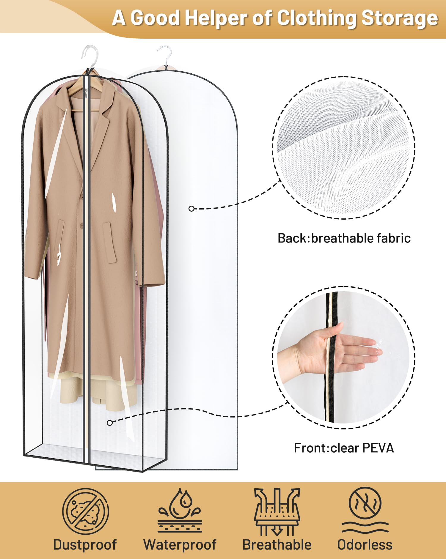 MISSLO 65" Clear Garment Bags for Hanging Clothes 4" Gusseted Dress Bags for Gowns Long Dress Cover for Closet Storage Dress Protector Bag, 2 Packs