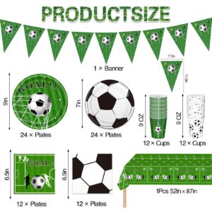 Soccer Party Decorations 98Pcs Soccer Birthday Party Decorations Suppiles Set Include Dinner Plates, Dessert Plates, Napkins, Cups, Banner and Tablecloth Soccer Theme Party Favors Kit