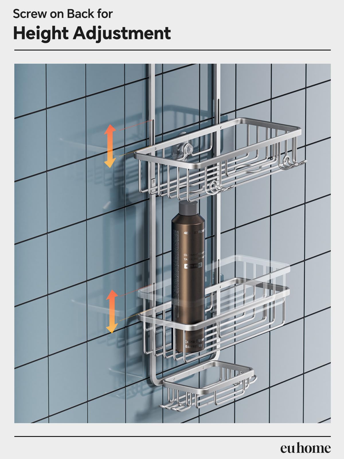 Adjustable Shower Caddy Hanging, EUHOME Never Rust Shower Organizer, Aluminum 3-Tier Large Capacity Shower Caddy Over Showerhead with Hooks, Soap/Razor Holder