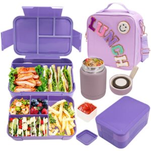 preppy lunch box for girls with 10oz thermo, with 6 compartment bento box, purple nylon insulated lunch bag adjustable strap for girl kids teens school travel picnic