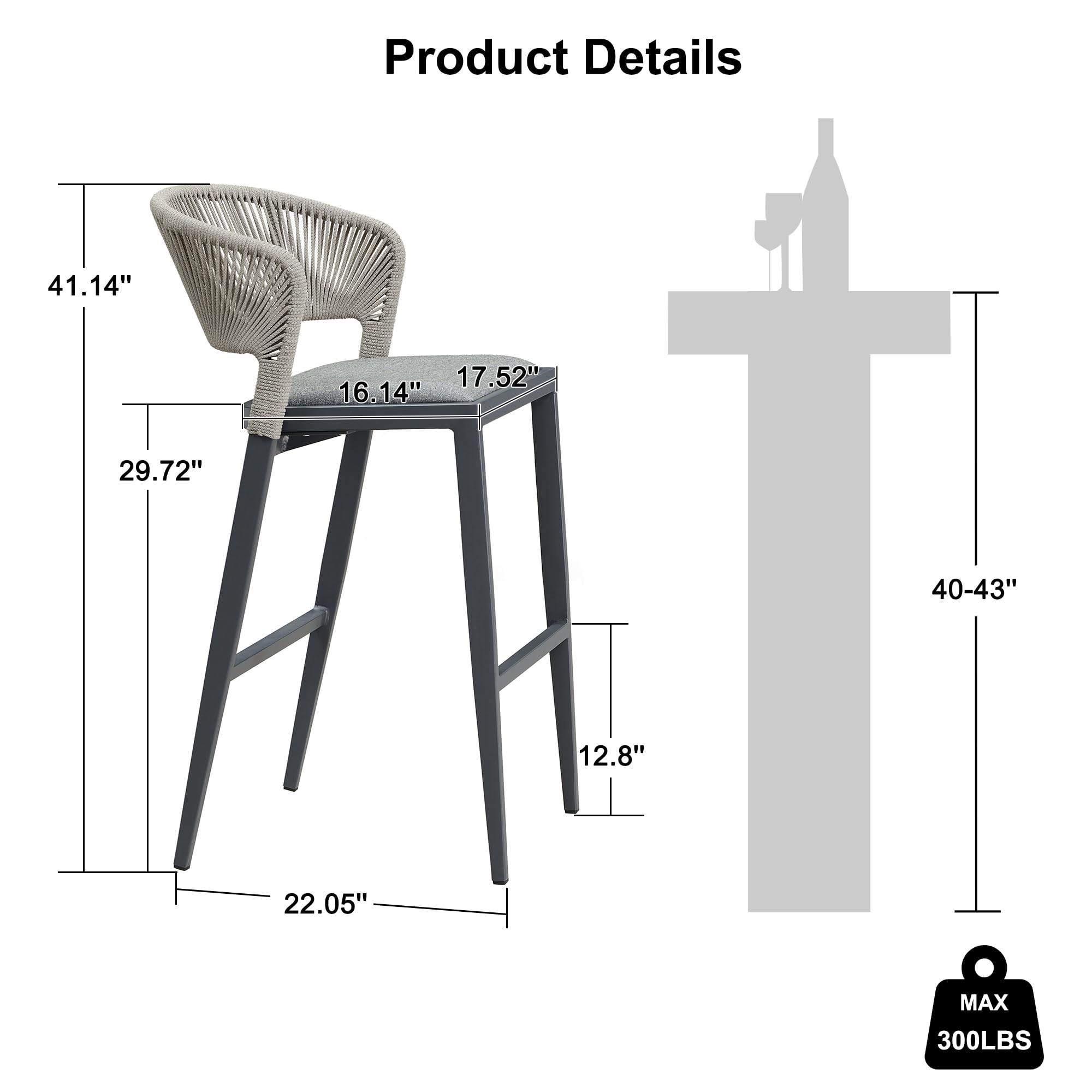 PURPLE LEAF Bar Stool Set of 2 Outdoor Bar Chairs with Footrest Bar Height Stools Hold 300 Pounds Wicker Dark Gray Barstools