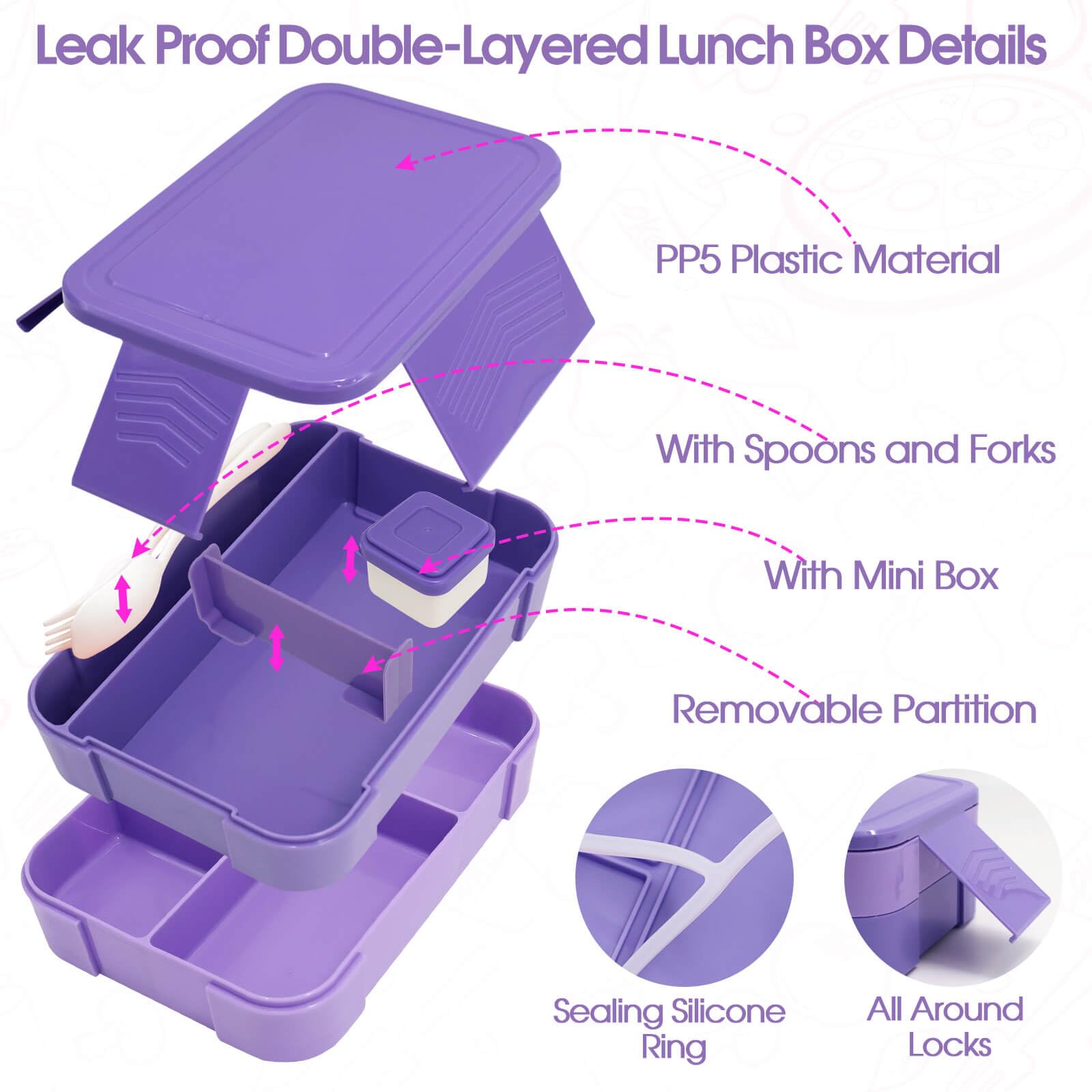 Preppy Lunch Box for Girls with 10oz Thermo, with 6 Compartment Bento Box, Purple Nylon Insulated Lunch Bag Adjustable Strap for Girl Kids Teens School Travel Picnic