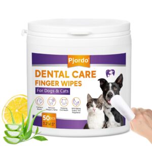 pjordo teeth cleaning wipes for dogs & cats, dental care finger wipes, remove plaque, tartar & bad breath, disposable gentle cleaning & gum care pet wipes, no-rinse dog finger toothbrush, 50 counts