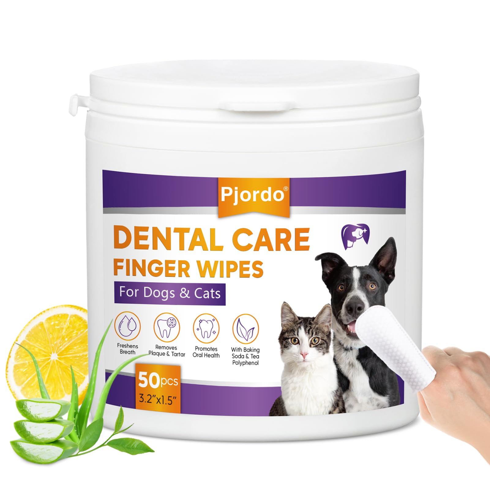 Pjordo Teeth Cleaning Wipes for Dogs & Cats, Dental Care Finger Wipes, Remove Plaque, Tartar & Bad Breath, Disposable Gentle Cleaning & Gum Care Pet Wipes, No-Rinse Dog Finger Toothbrush, 50 Counts