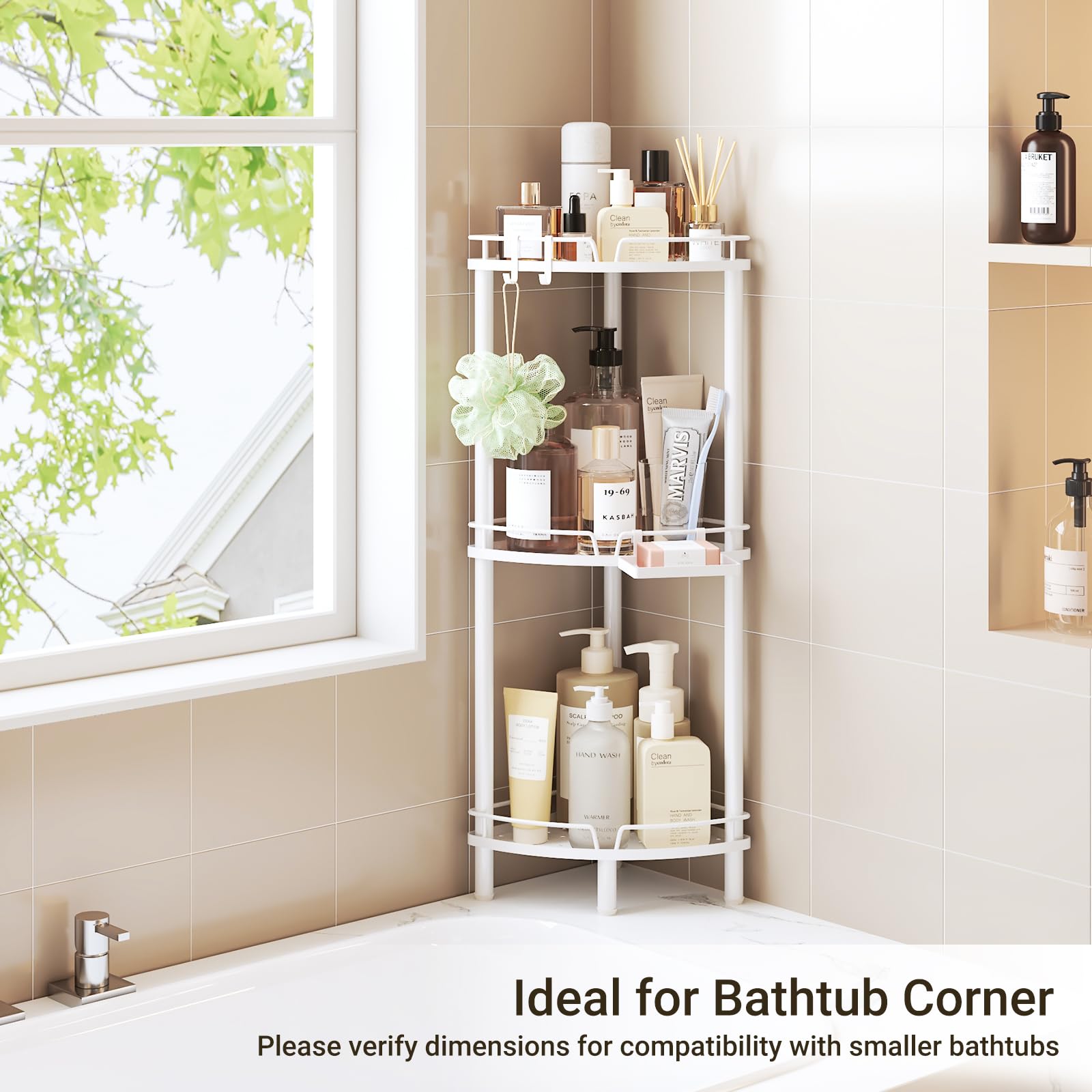 ELYKEN Corner Shower Caddy Standing, 3 Tier Rustproof Metal Shower Organizer with Soap Holder, Floor Shower Corner Shelf Rack Storage Stands with Adjustable Feet & 2 Hooks for Bathroom, White