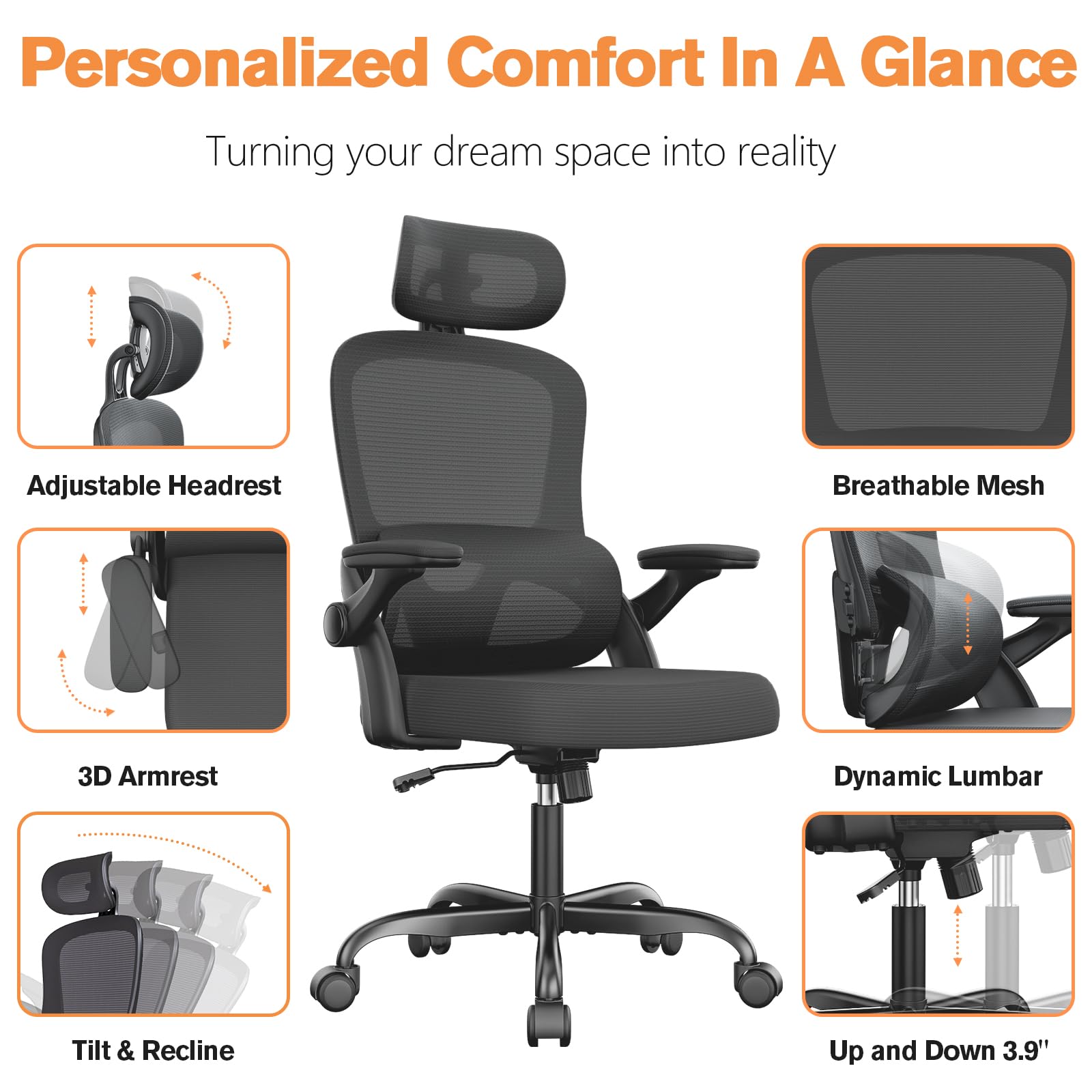 ORRSAKER Ergonomic Office Chair, High Back Computer Chair with Adjustable Lumbar Support, 3D Armrest, Headrest, Mesh Home Office Desk Chair for Work and Study, Ergonomic Chair for Long Hours, Black