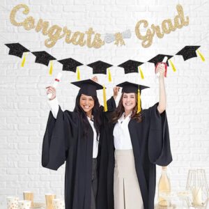 Glitter Gold Congrats Grad Decorations Banner Graduation Decorations Class of 2024 Banner Black Glitter Congrats Grad Graduation with Tassel Party Decor College High School Graduation Party Favors